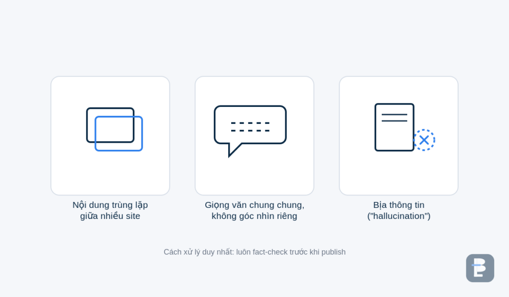 Ba rủi ro thường gặp: nội dung trùng lặp, giọng văn chung chung, thông tin bịa đặt