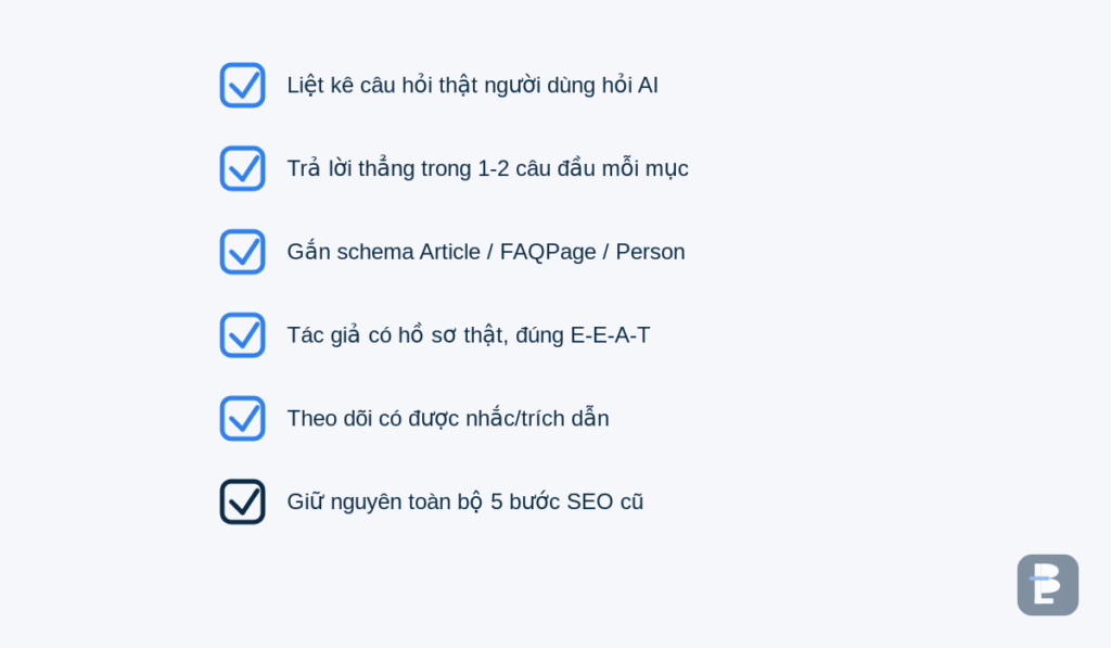 Checklist 6 việc để bắt đầu áp dụng AEO/GEO vào quy trình làm nội dung